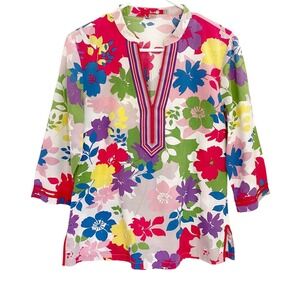 Boden Women's Floral Top Tunic 3/4 Sleeve White/Multicolor Beach Resort Size 6